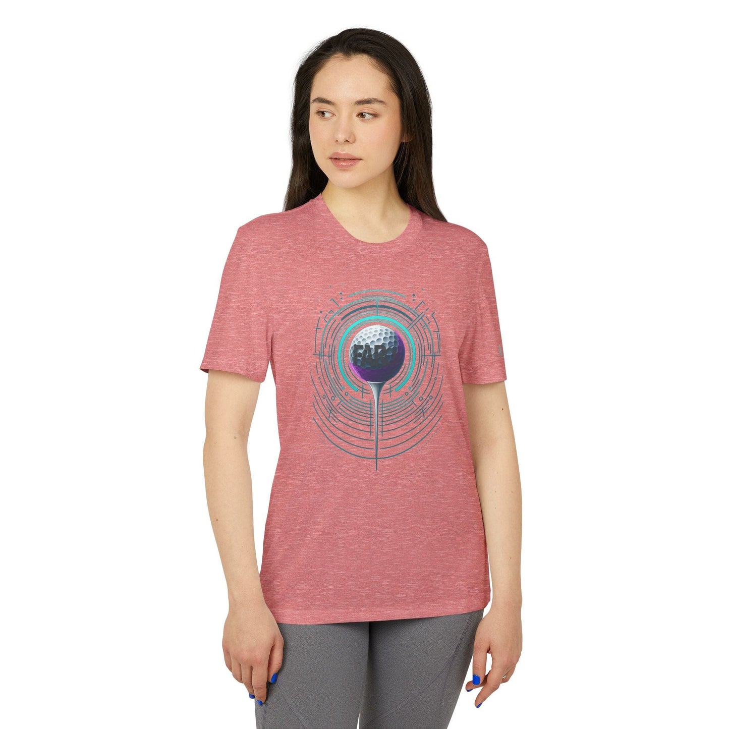 Woman wearing a red t-shirt with a graphic golf design on a white background