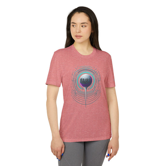 Woman wearing a red t-shirt with a graphic golf design on a white background