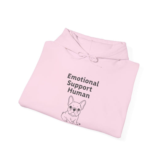 Pink hoodie with 'Emotional Support Human' text and dog illustration on a white background
