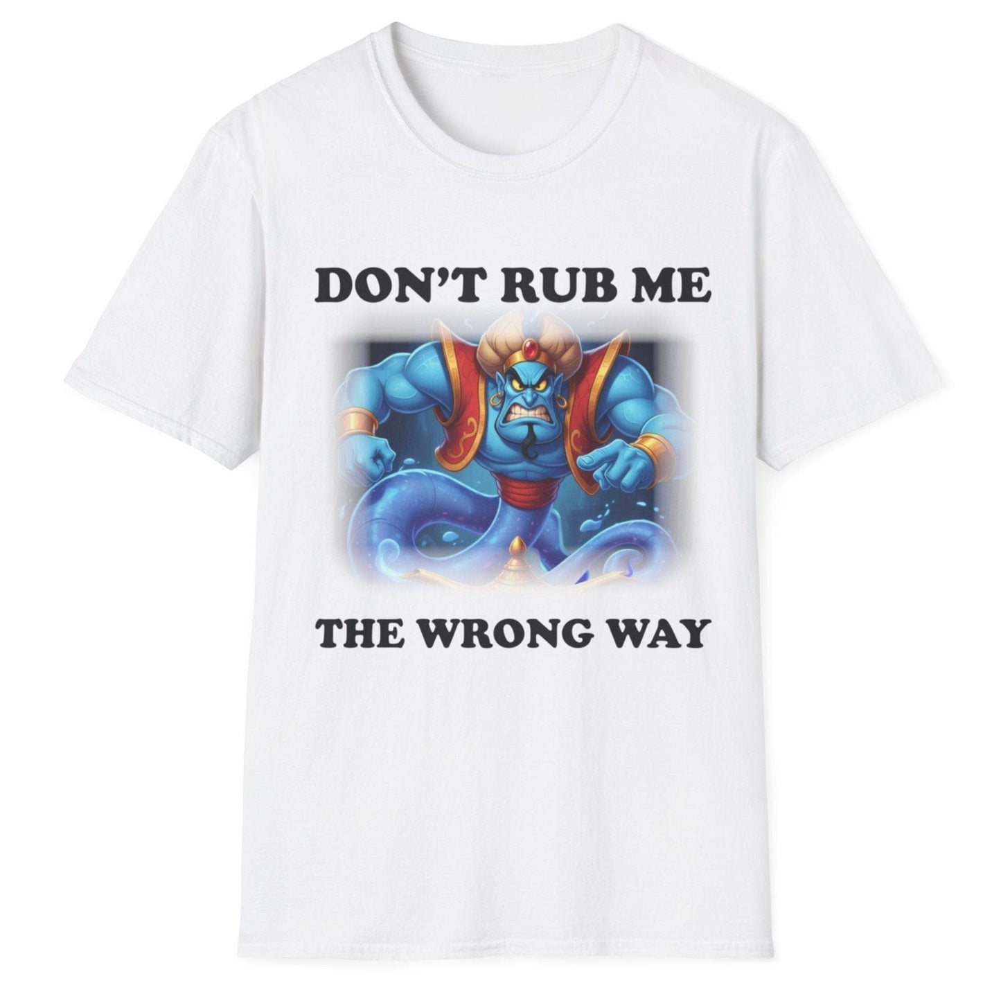 White t-shirt with cartoon character and text 'Don't Rub Me The Wrong Way' on a white background