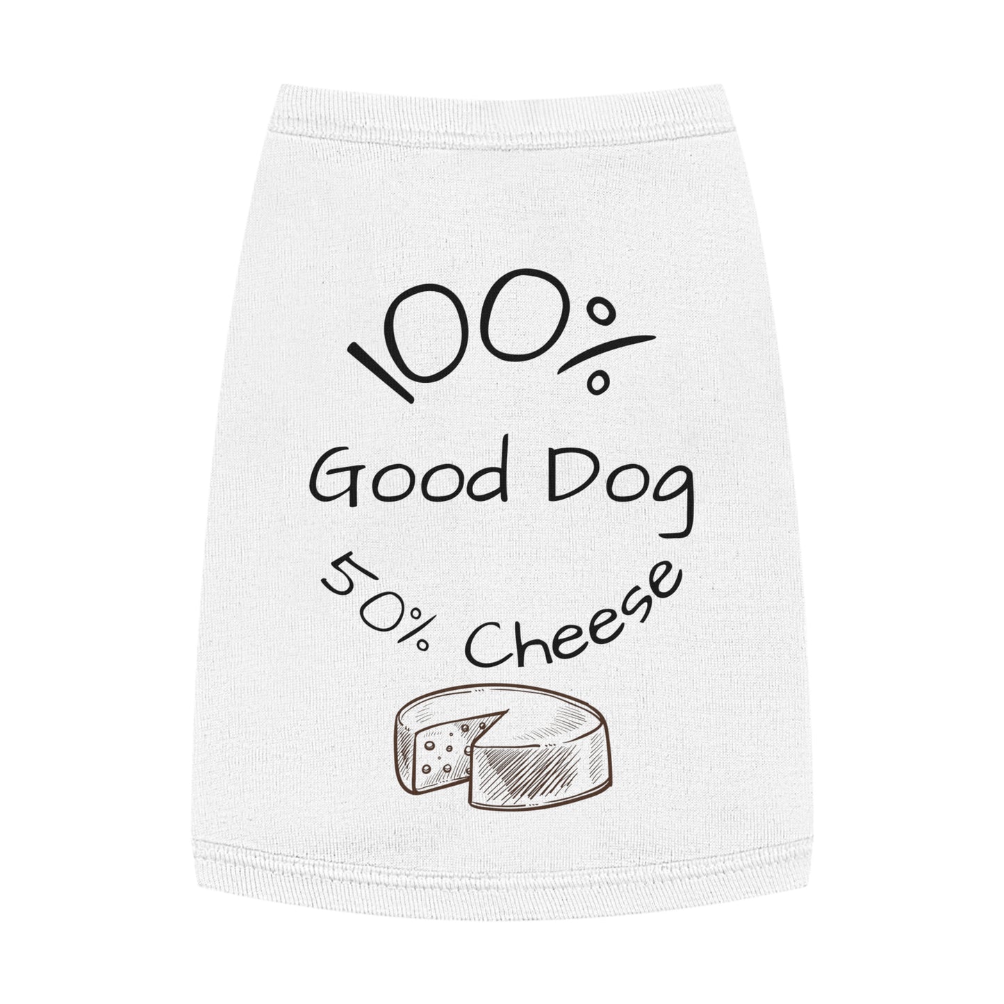White towel with '100% Good Dog, 50% Cheese' text and cheese illustration on a white background