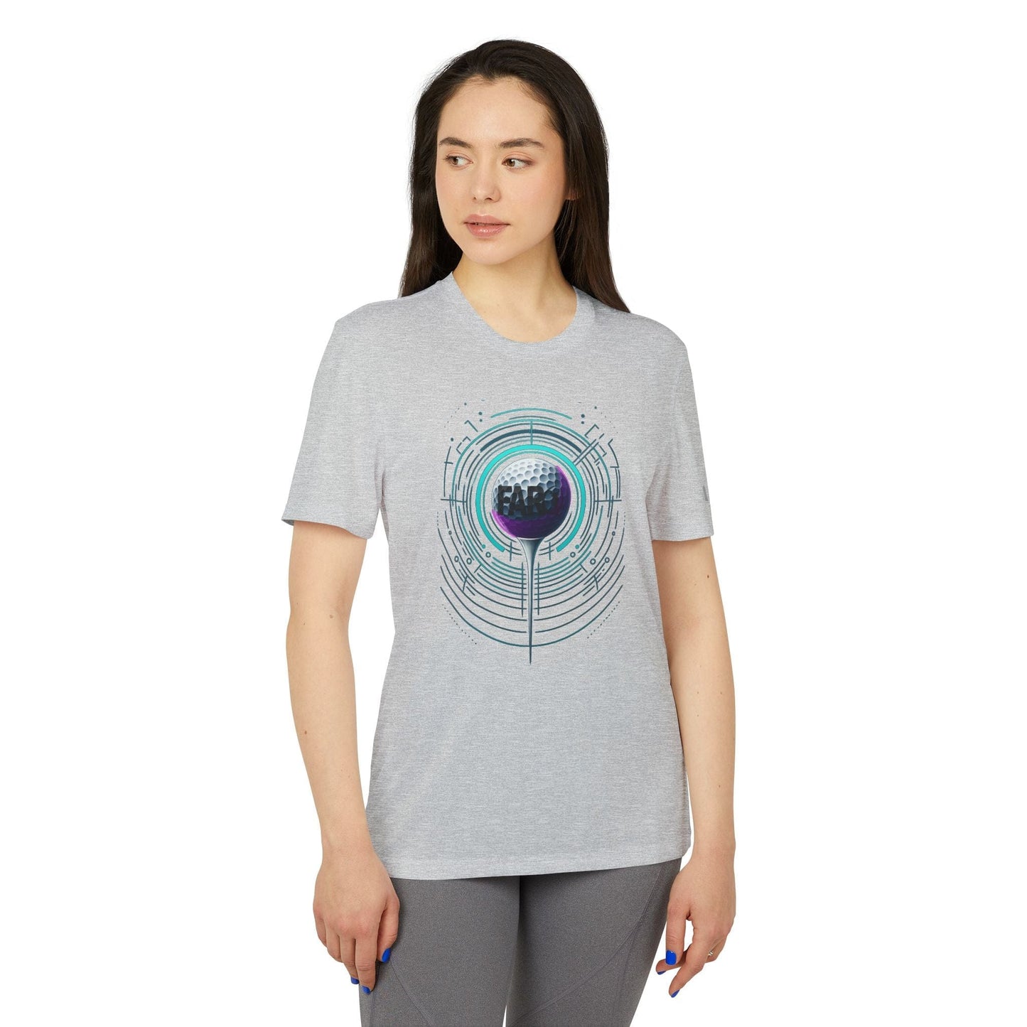 Woman wearing a gray t-shirt with a colorful graphic design on a white background
