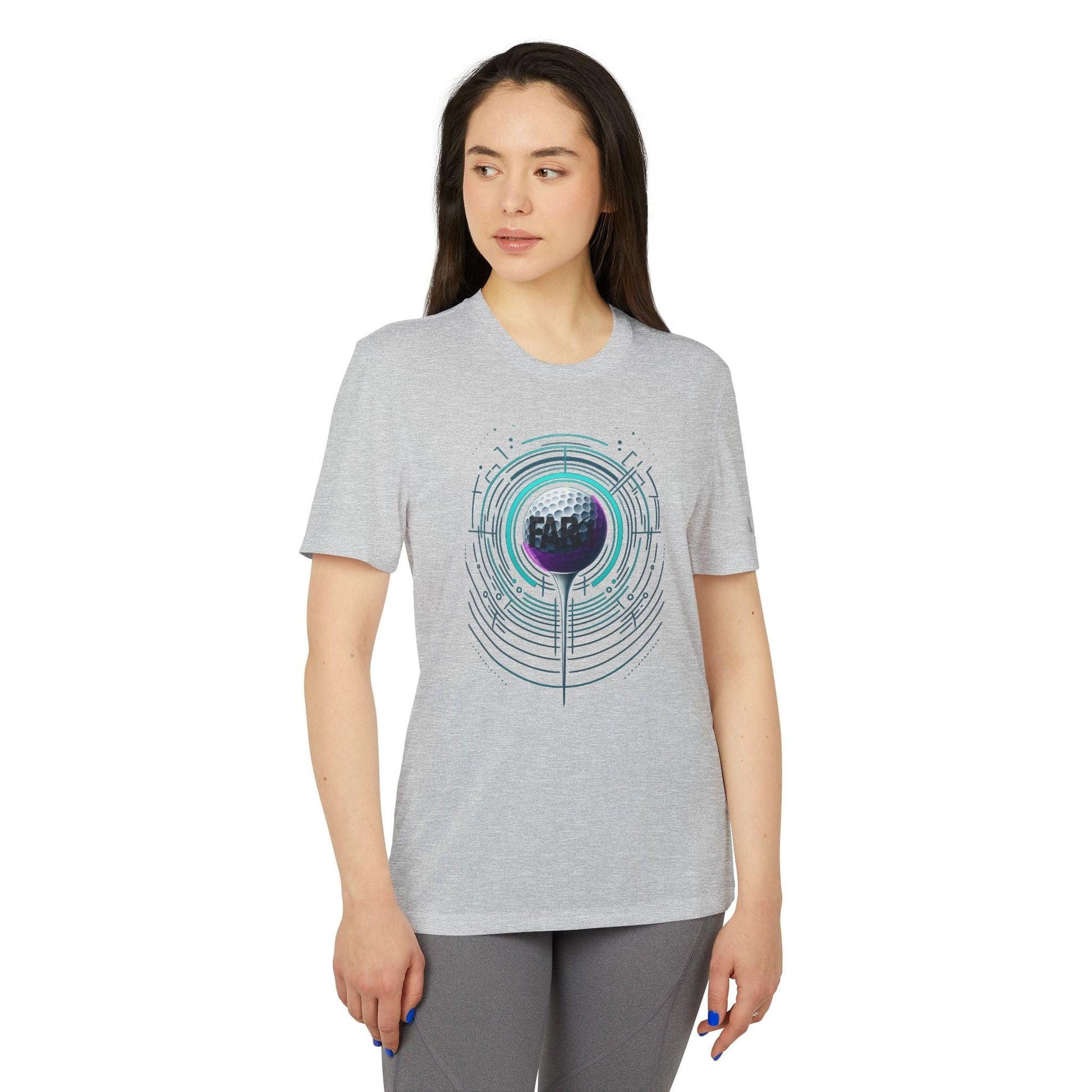 Woman wearing a gray t-shirt with a colorful graphic design on a white background