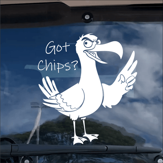Seagull sticker decal in a rear window with the slogan Got Chips?