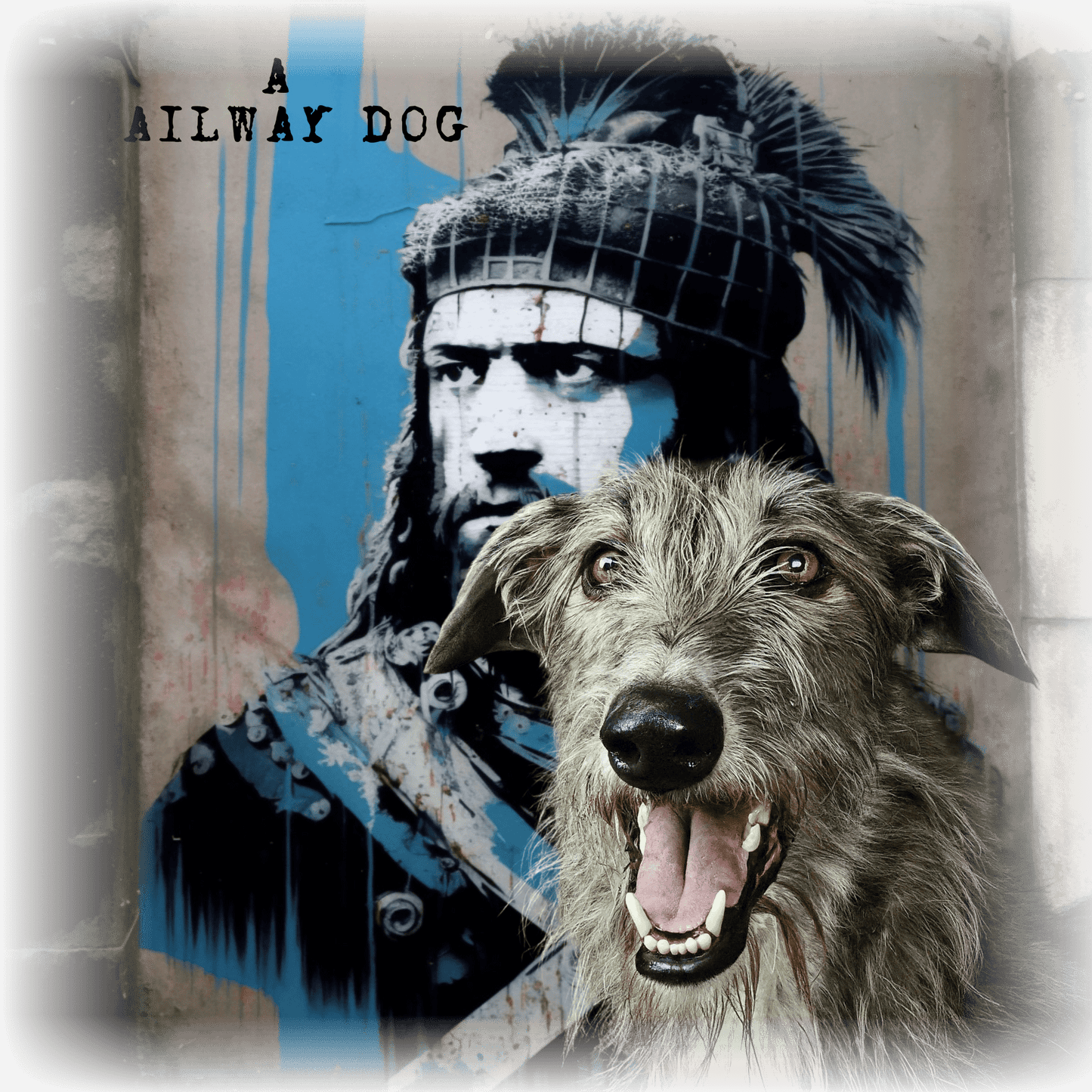 T-shirt featuring a graphic design of a Scottish Deerhound dog and William Wallace, a Scottish historical figure.