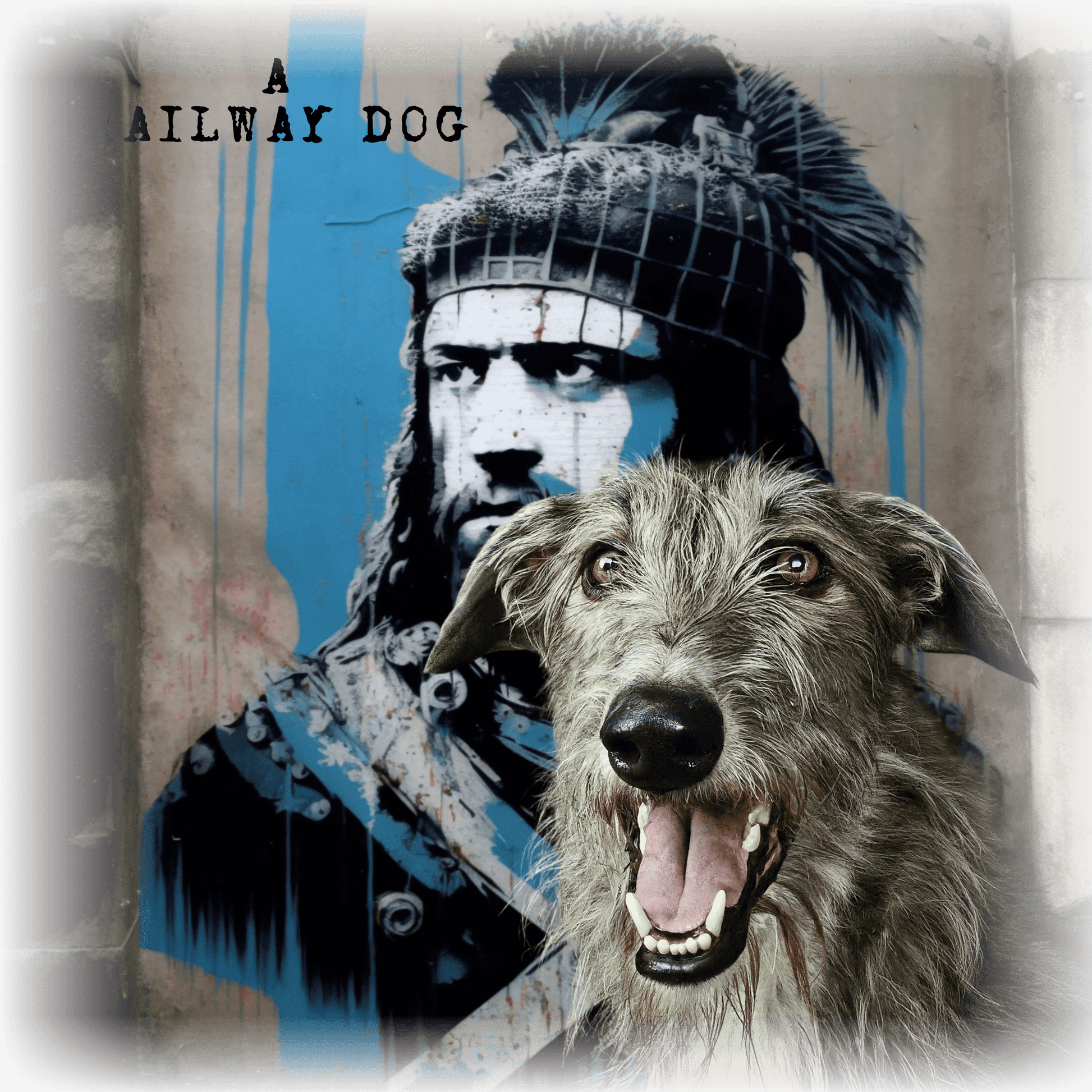 T-shirt featuring a graphic design of a Scottish Deerhound dog and William Wallace, a Scottish historical figure.