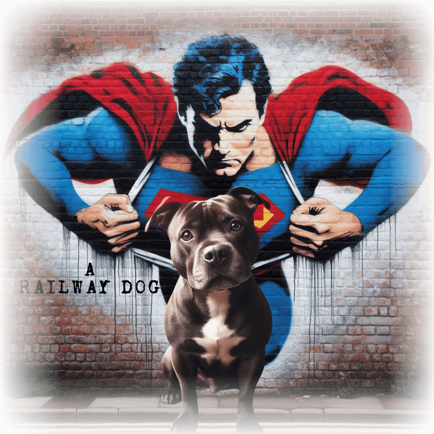 Graphic T-shirt featuring a playful Staffordshire Bull Terrier in a Superman costume, with a bold and colorful comic book style design.