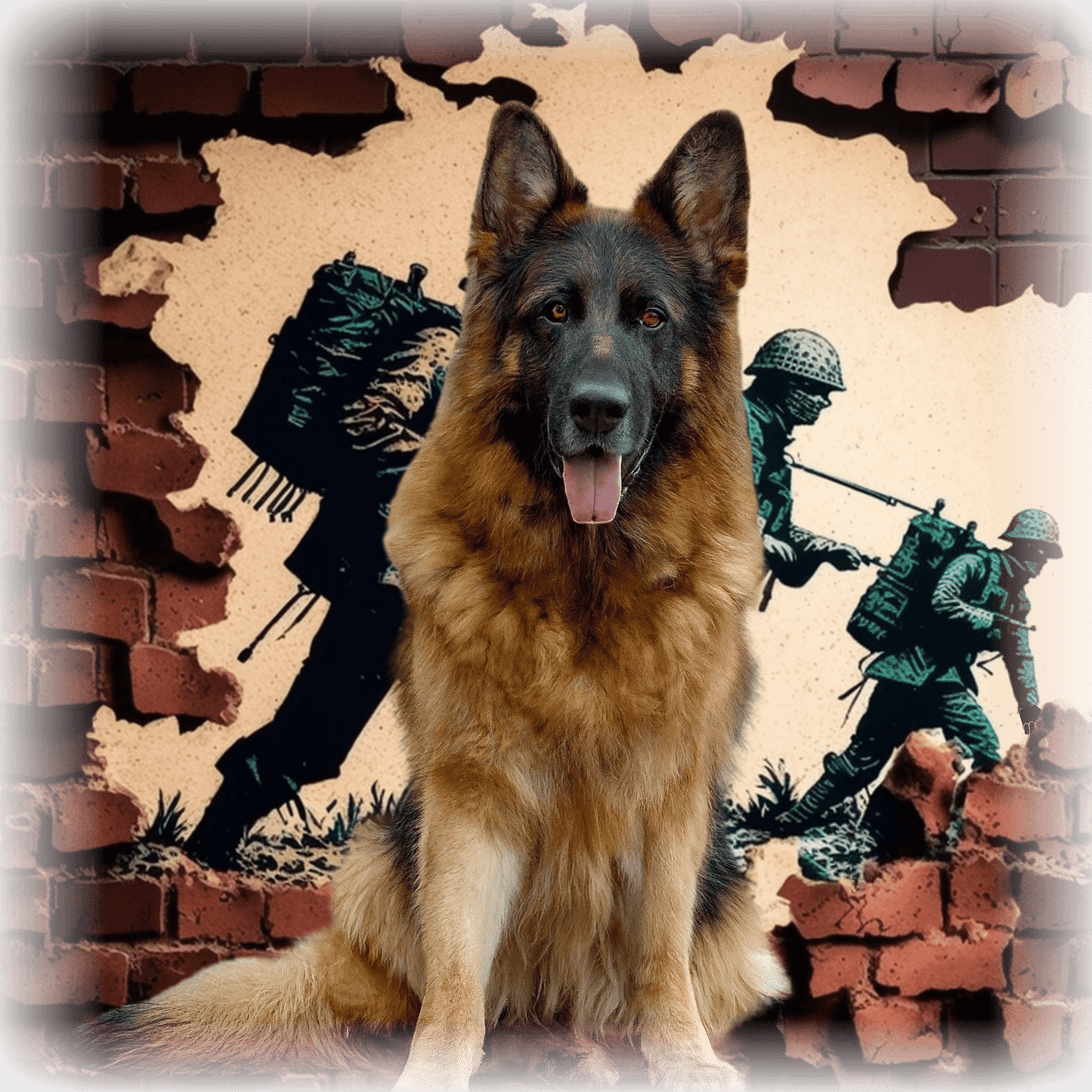 T-shirt with a graphic image of a German Shepherd dog in a military setting.