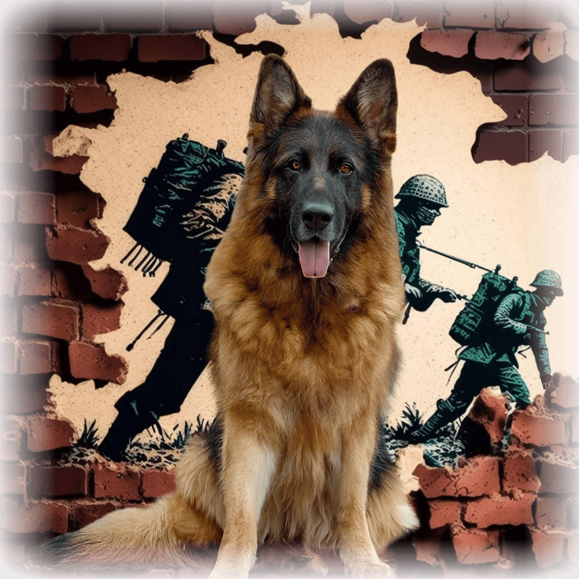 T-shirt with a graphic image of a German Shepherd dog in a military setting.
