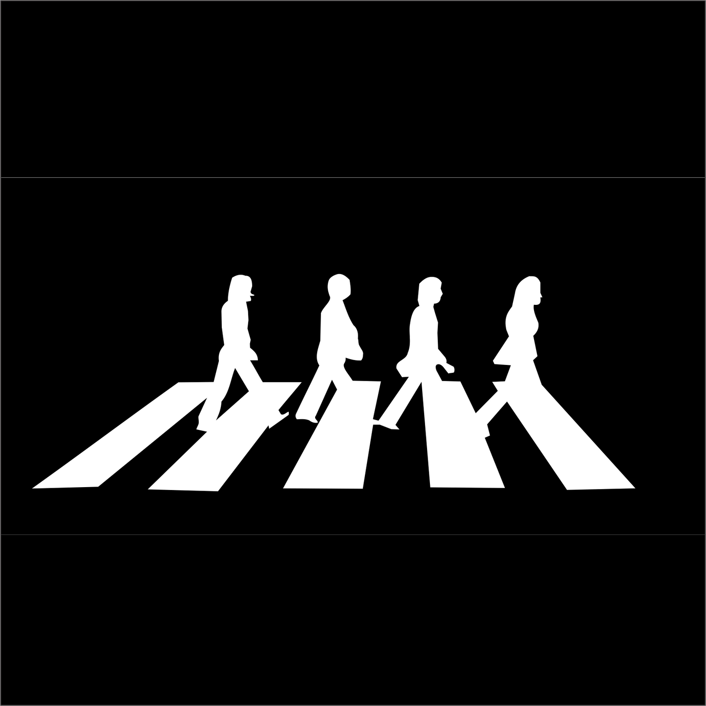 White silhouette of four Beatles on Abbey Road crossing a zebra crossing on a black background
