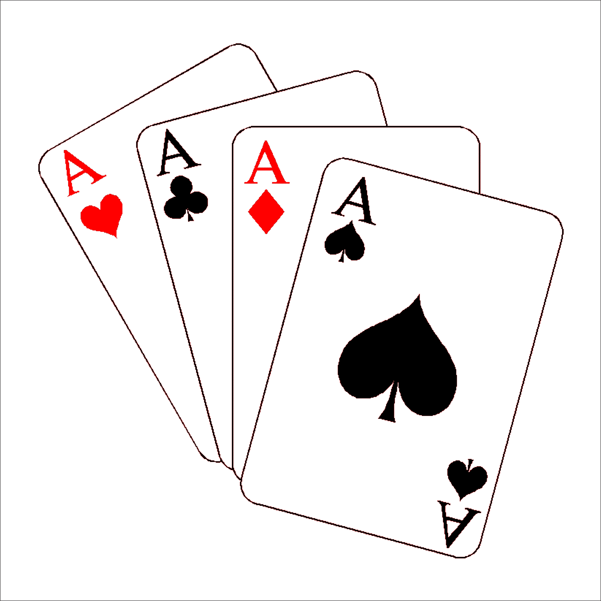 Four playing cards with ace symbols on a white background