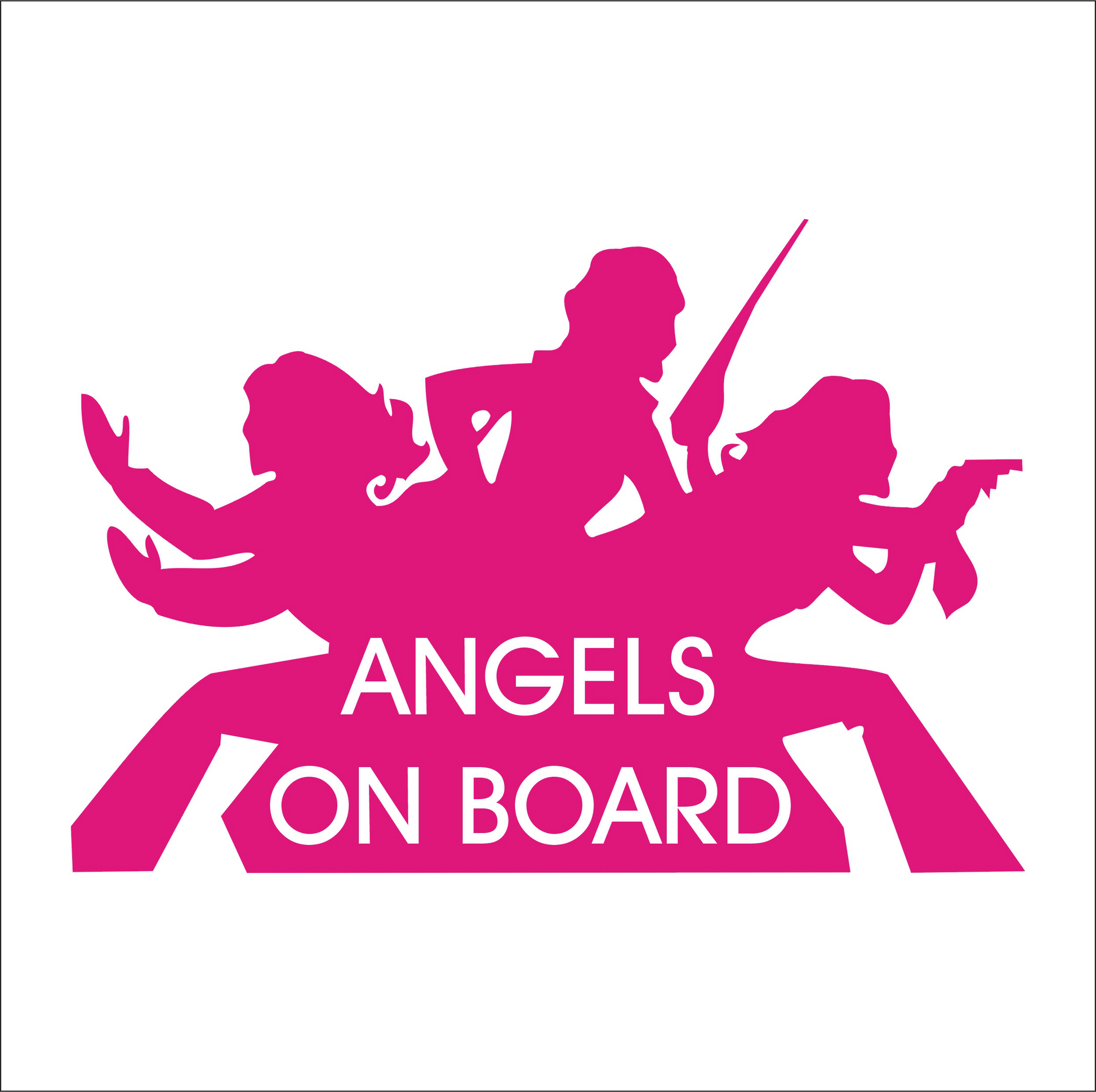 Pink silhouette of angels with 'Angels on Board' text on a white background