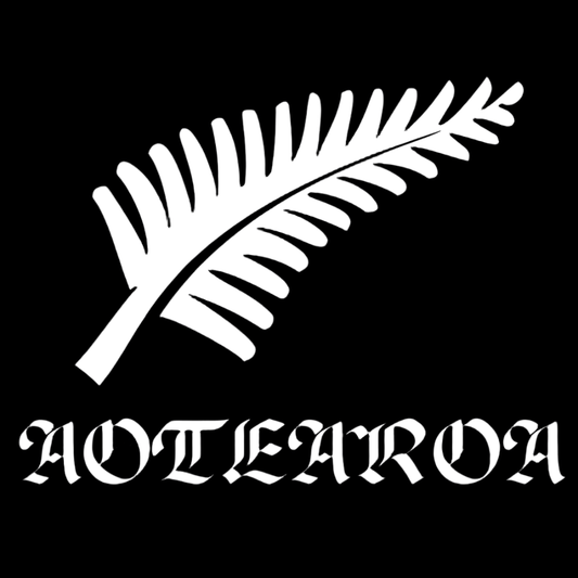 White silver fern and 'Aotearoa' text on a black background