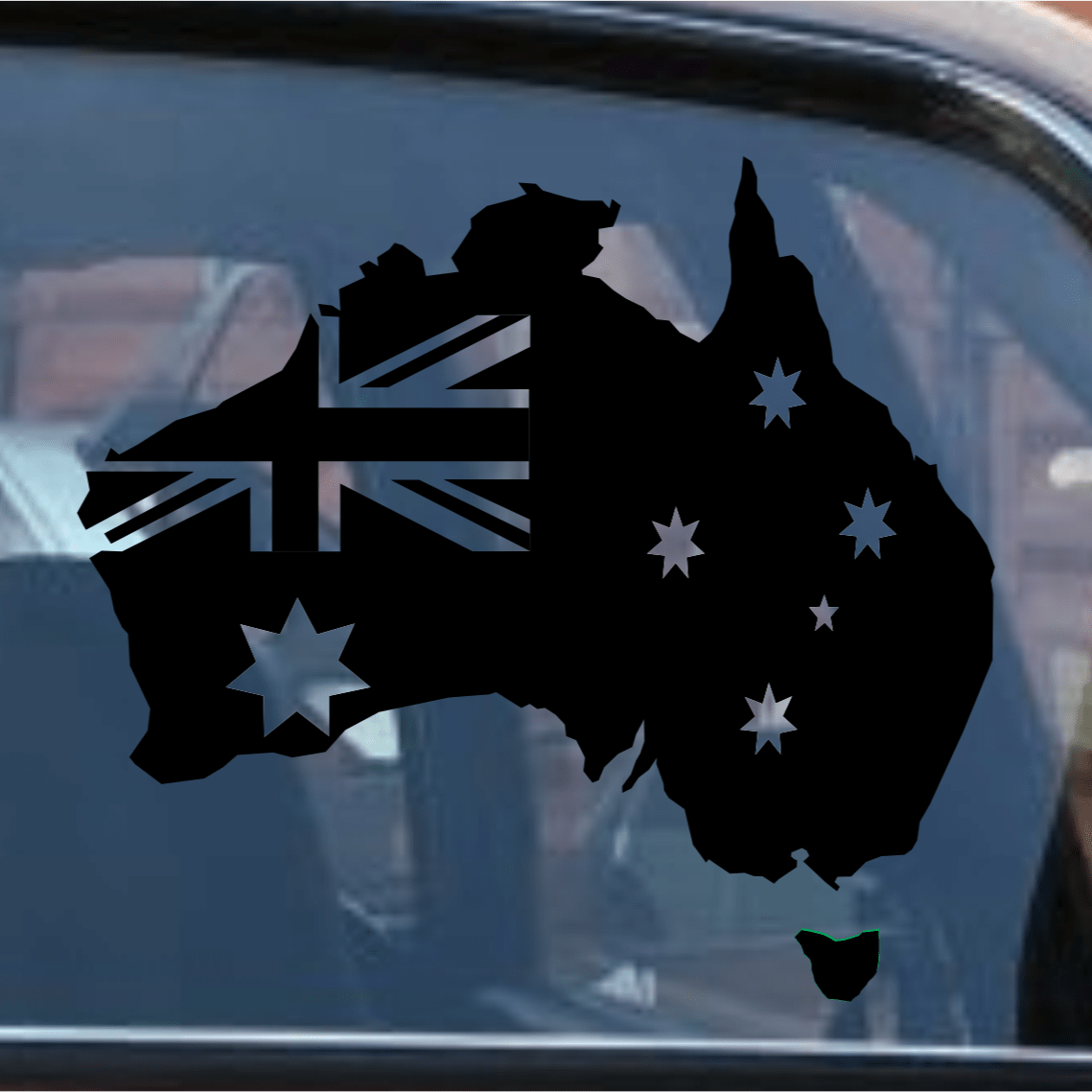 Map of Australia with a British flag inside, on a car window.