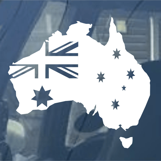 White map of Australia with British flag design on a blue background