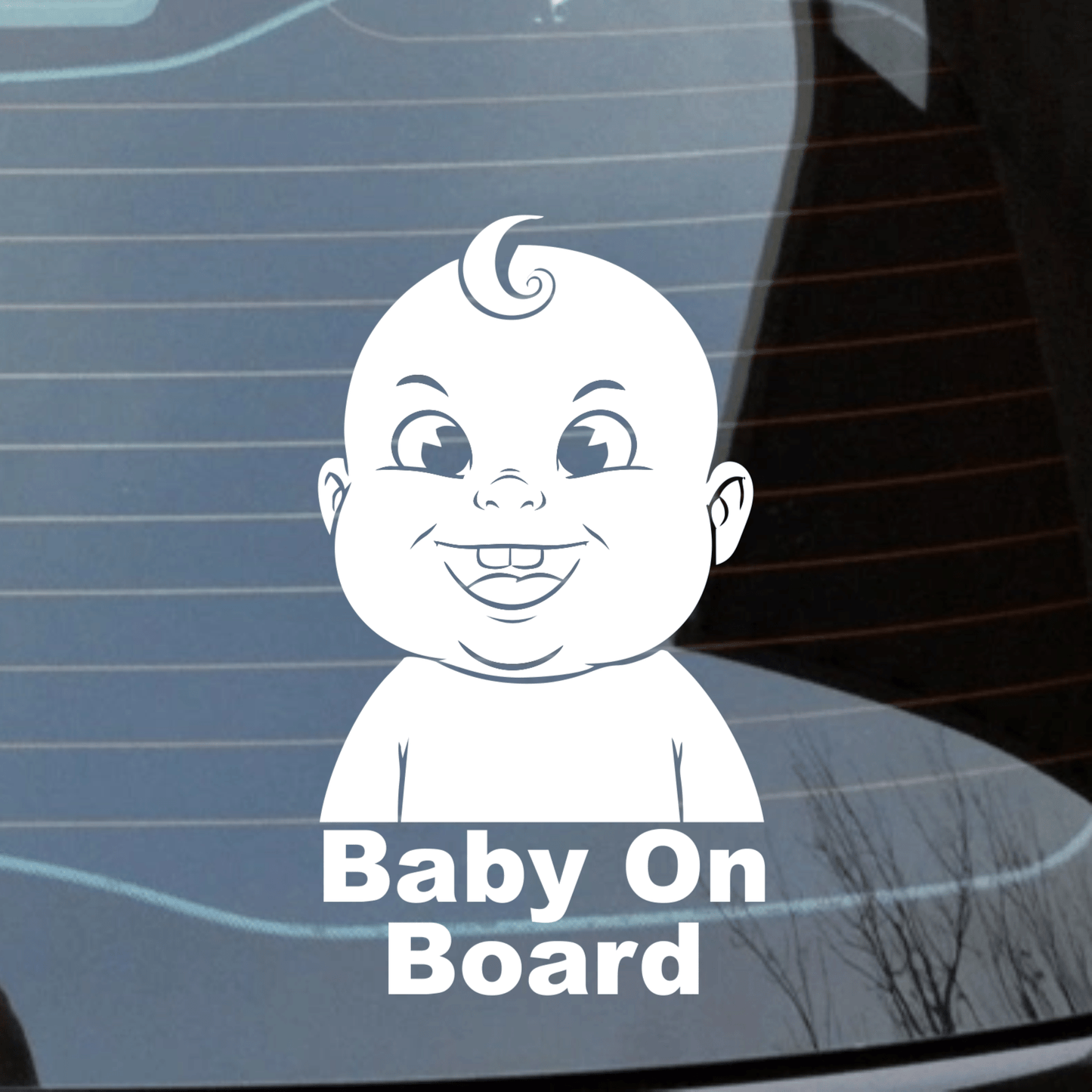 Car window with a 'Baby On Board' decal of a smiling baby face.