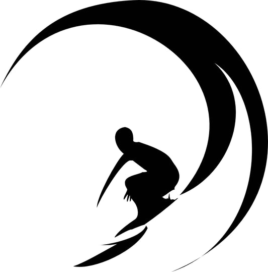 Black silhouette of a person on a crescent moon on a white background