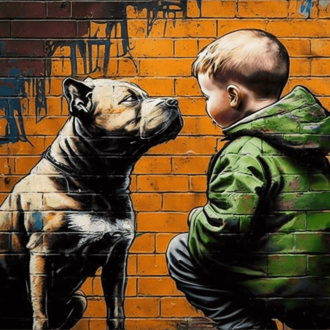 Mural of a child in a green jacket facing a dog on a brick wall.