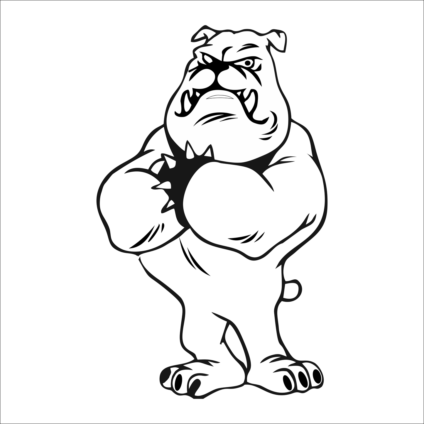 Black and white illustration of a bulldog wearing boxing gloves on a white background