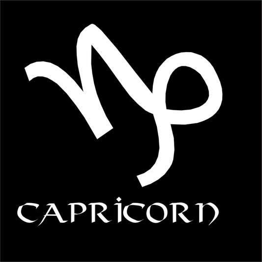 Capricorn zodiac symbol in white on a black background