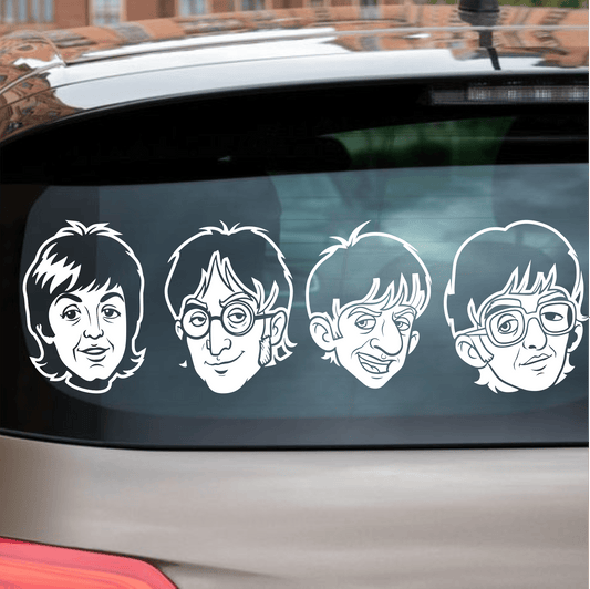 Car window with four white Beatles-style face decals.