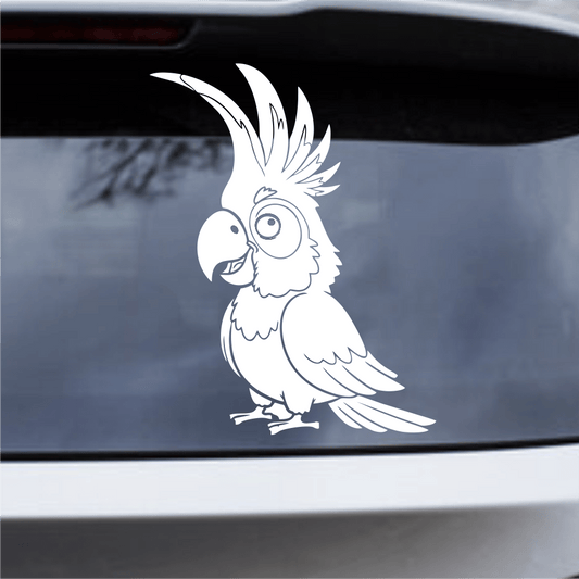 White parrot cockatoo decal on a car window