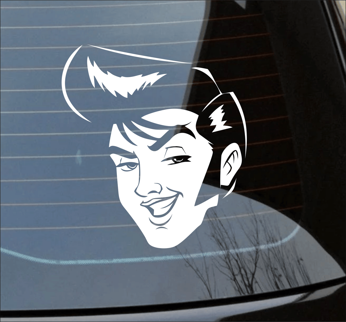 Car decal of a stylized Elvis Presley face on a car window