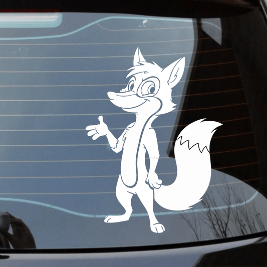 Car window with a cartoon fox decal in an urban setting