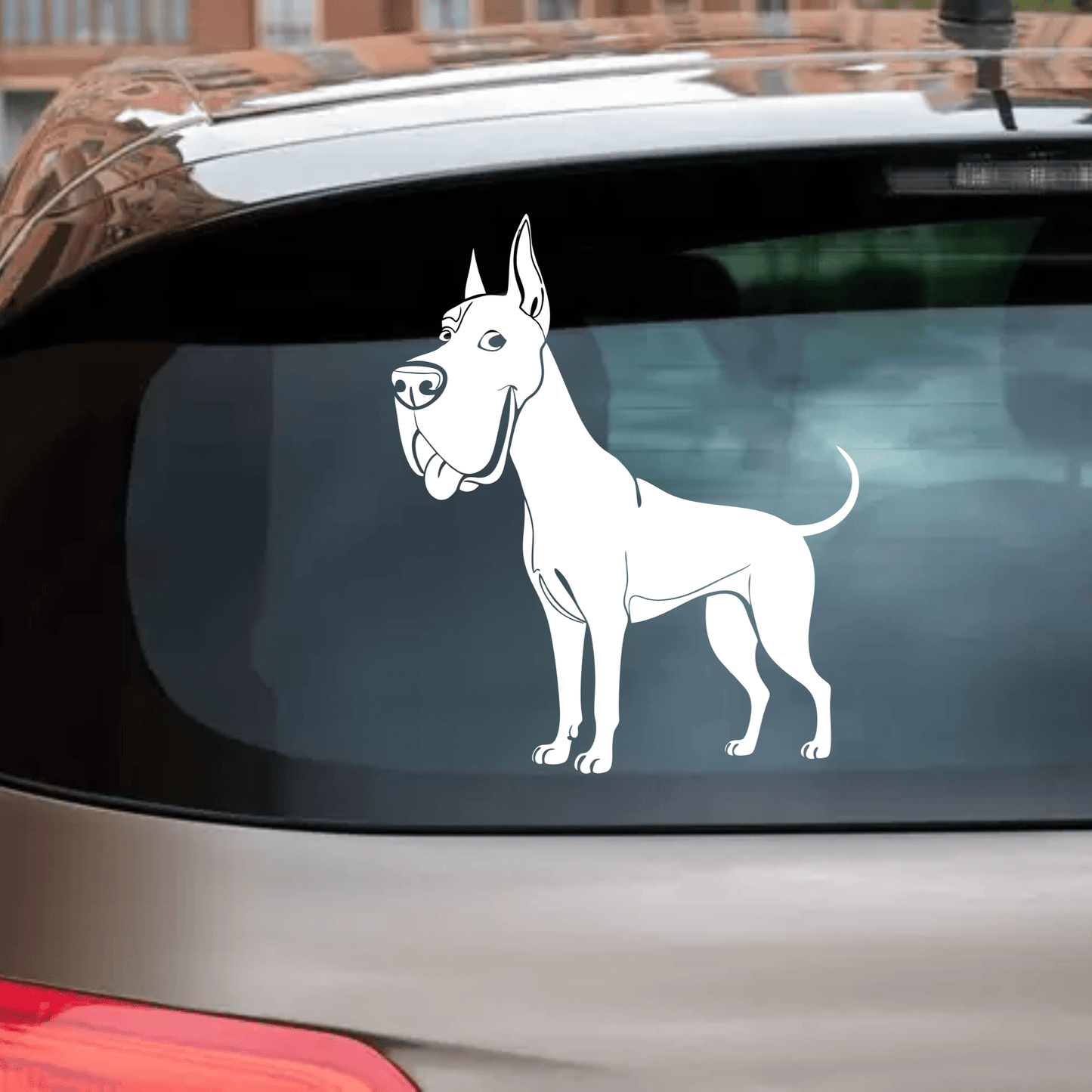 Car with a white Great Dane dog decal on the back window