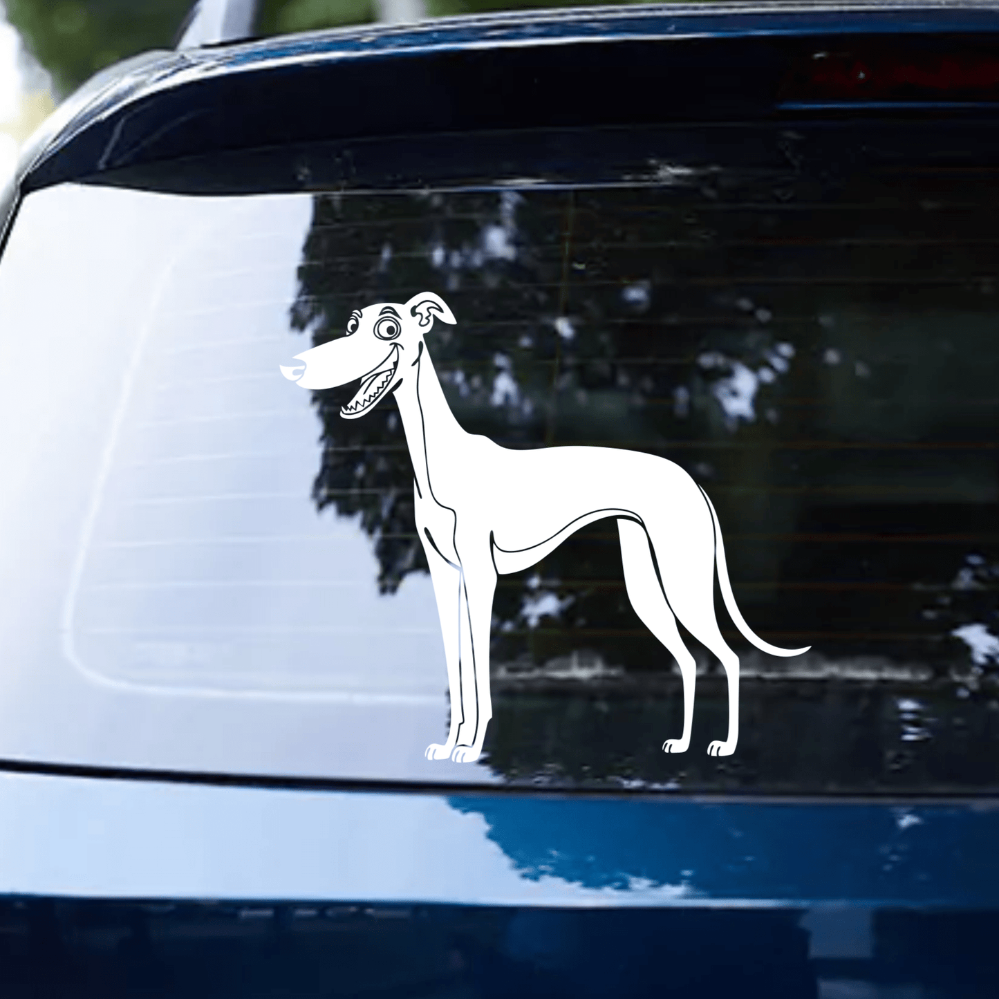 Car with a white greyhound dog decal on the back window