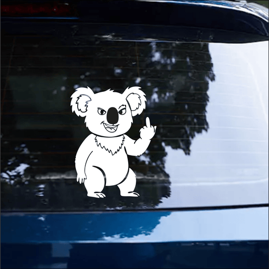 White koala sticker on a car window