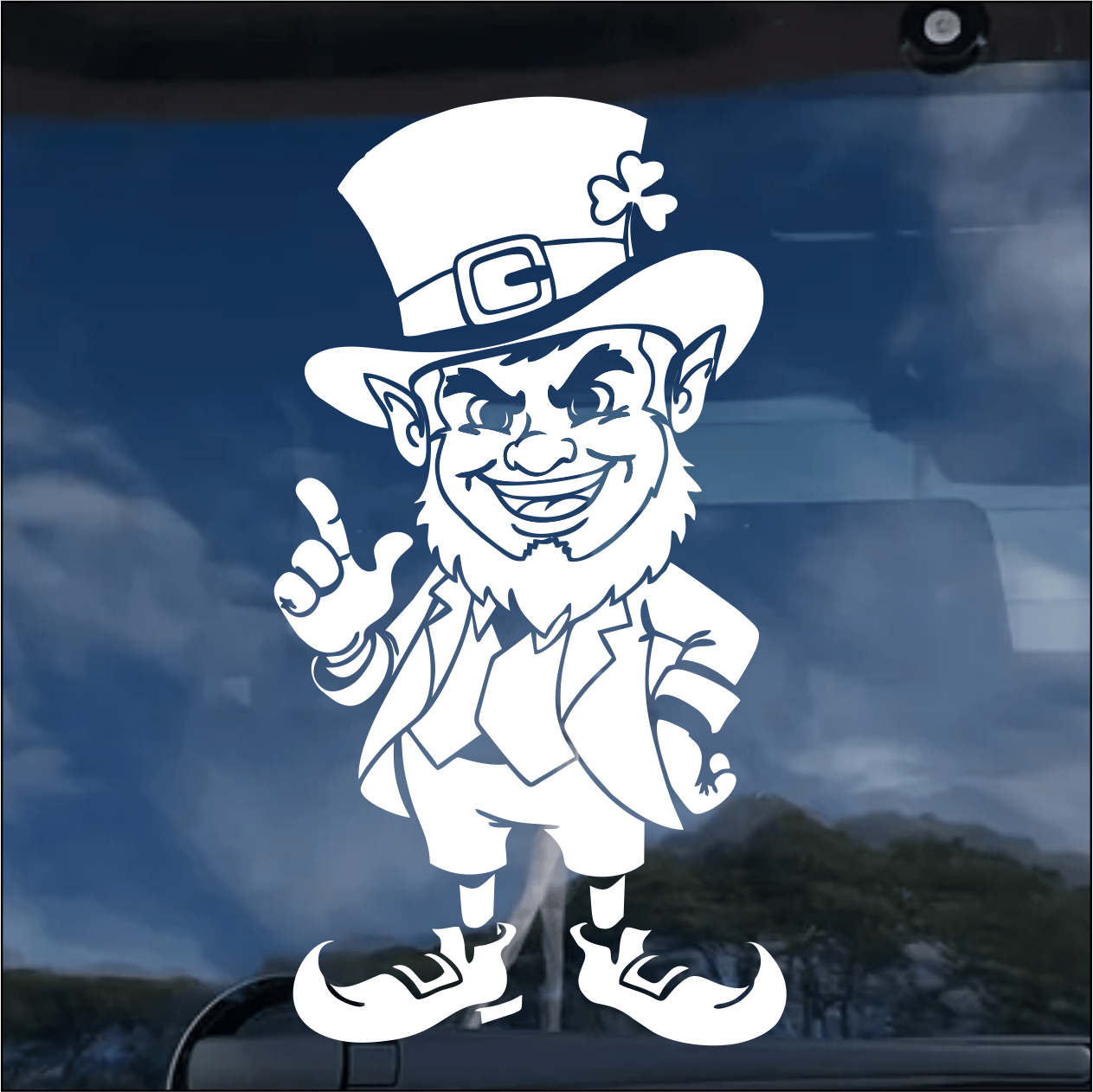Leprechaun decal on a car window with a blue sky background