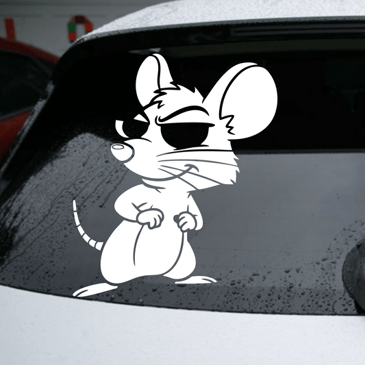 Car with a cartoon mouse decal on the windshield, featuring the Hyundai logo.