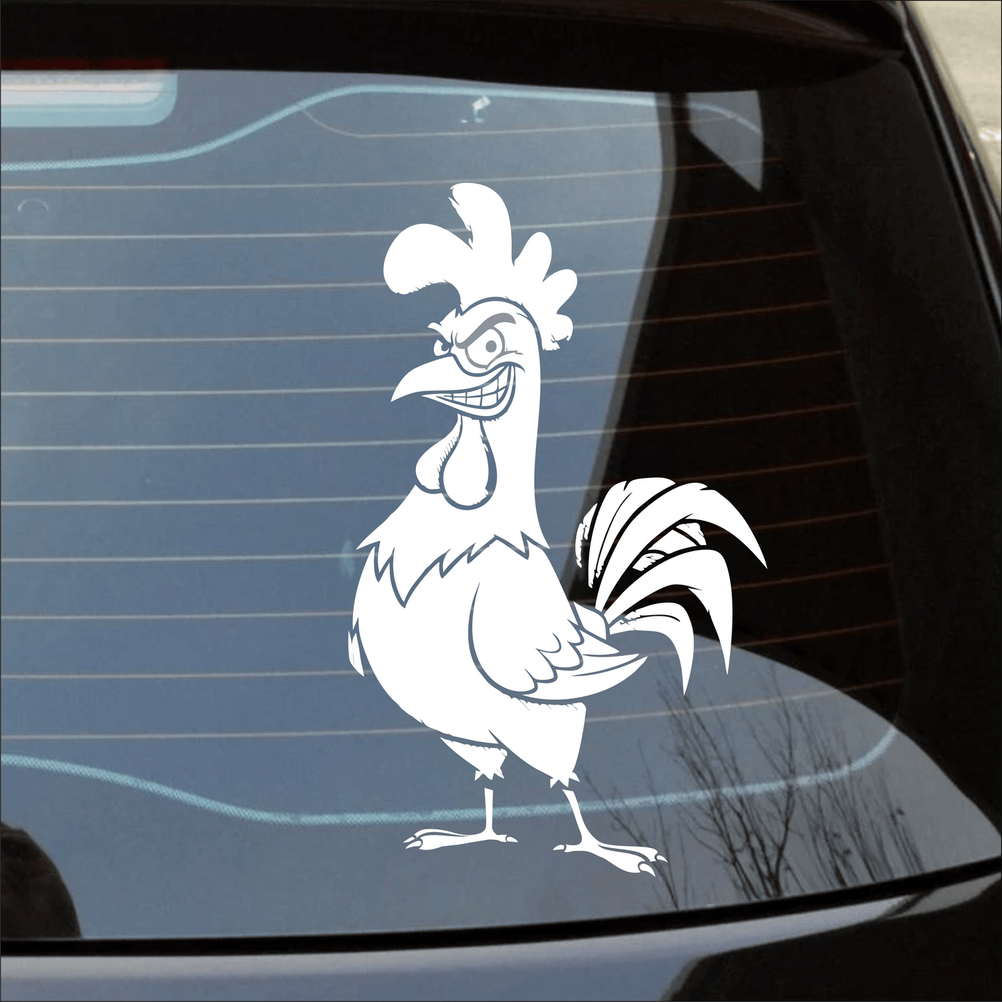 Cartoon rooster decal on a car window