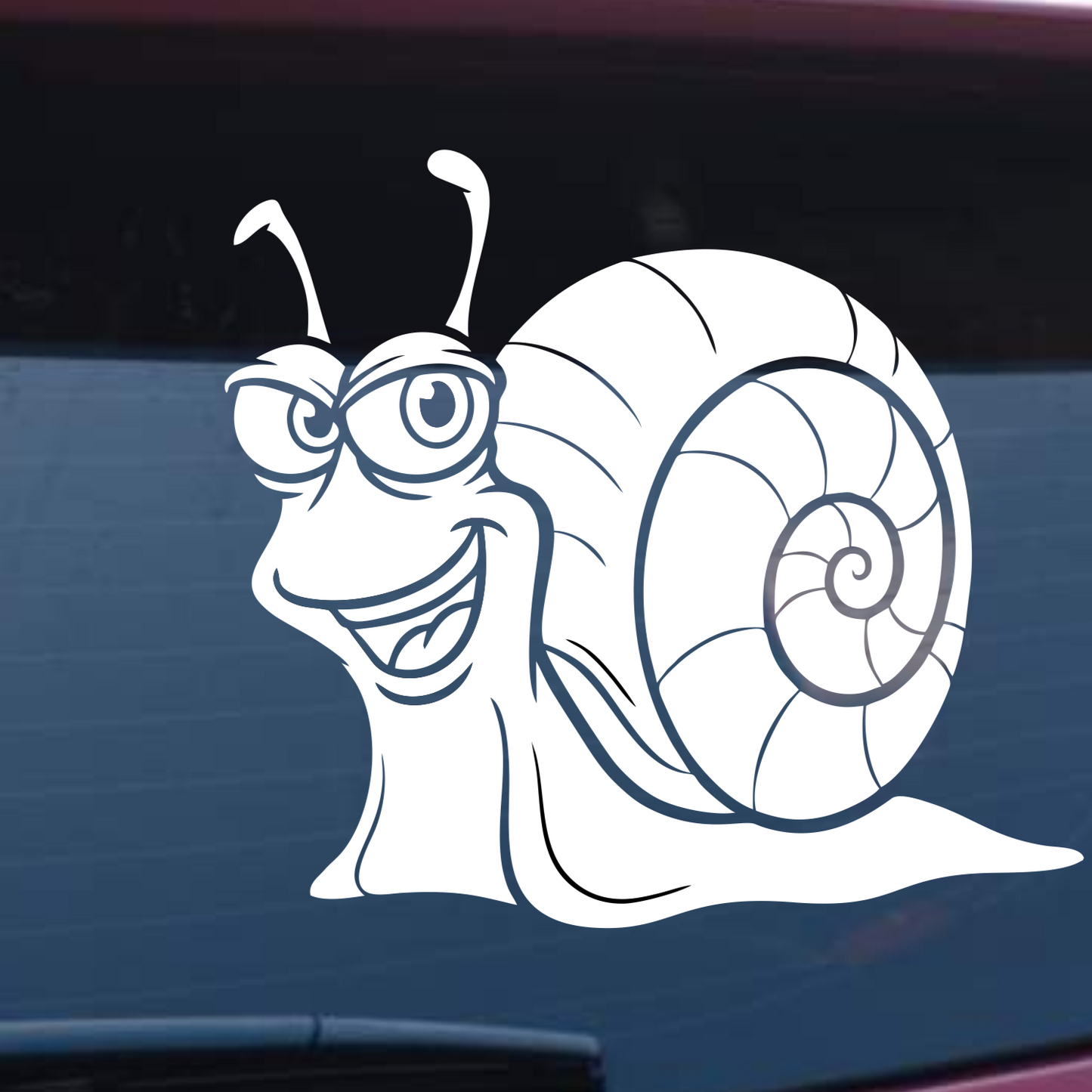 Cartoon snail decal on a car window