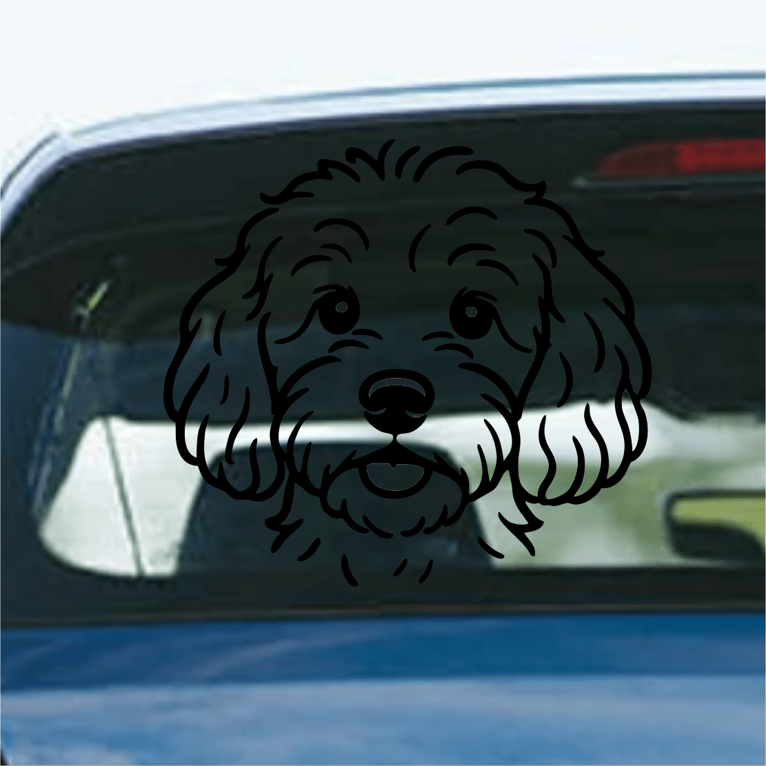 Cavoodle Dog face decal on a car window