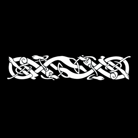 White Celtic knot design on a black background