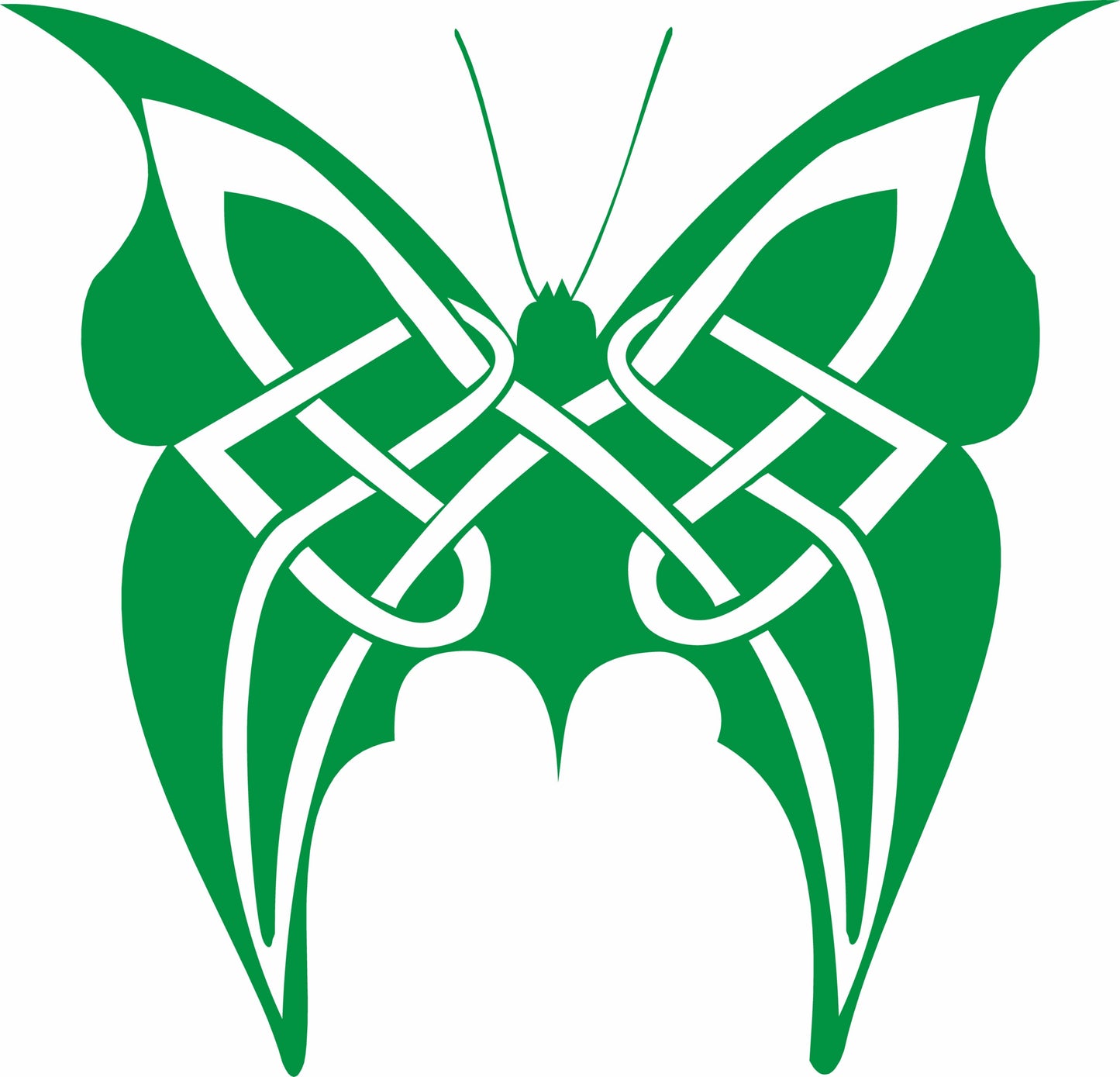 Green butterfly with Celtic knot design on a white background