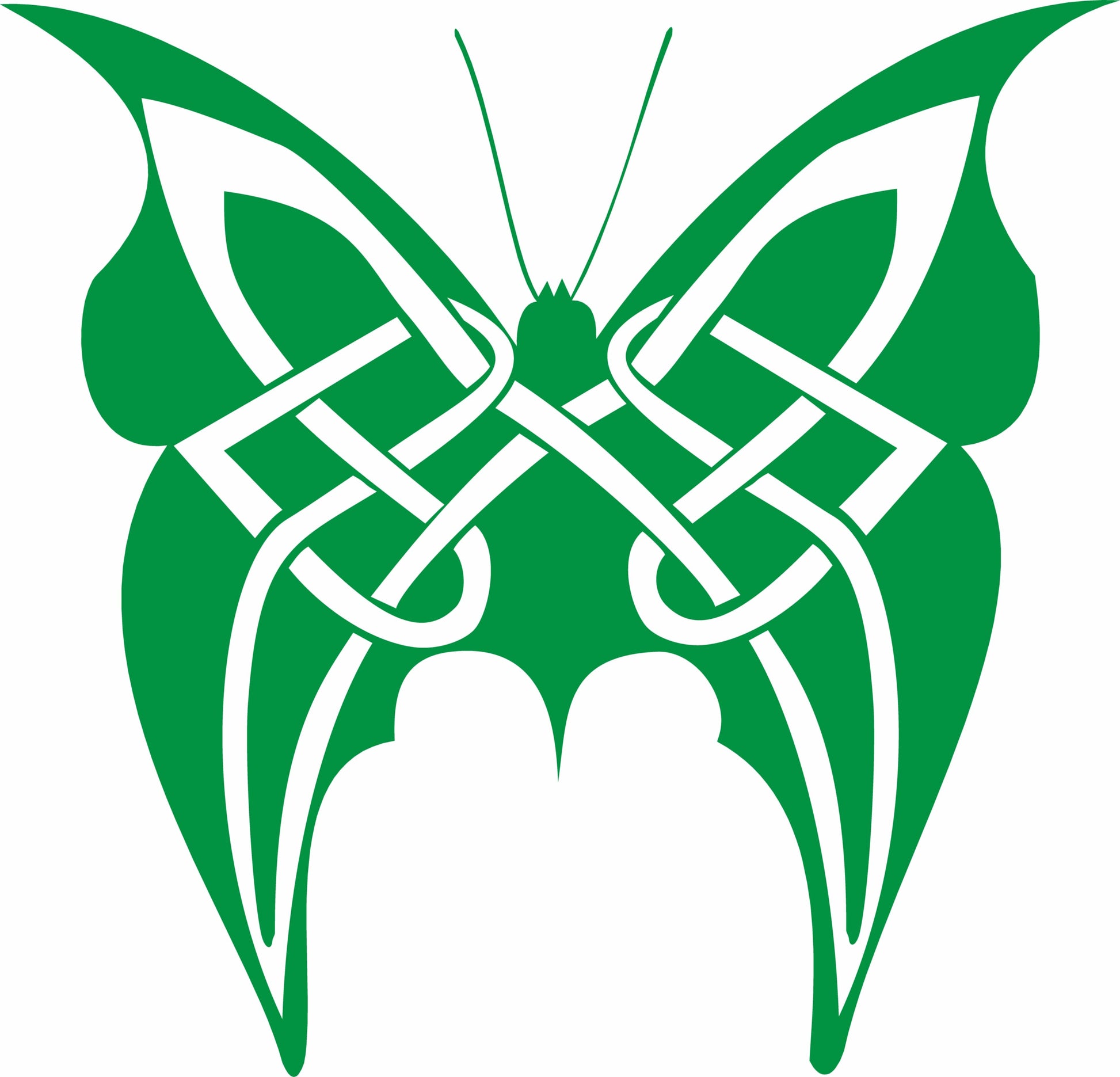 Green butterfly with Celtic knot design on a white background
