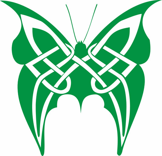 Green butterfly with Celtic knot design on a white background