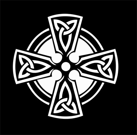 White Celtic cross design on a black background