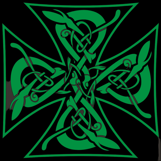 Green Celtic cross design on a black background