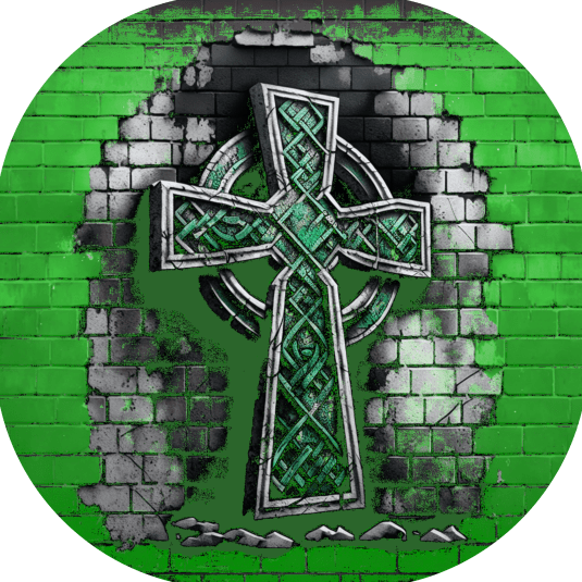 Graphic T-shirt featuring a Celtic cross depicted in graffiti style, with vibrant colors and urban art elements.