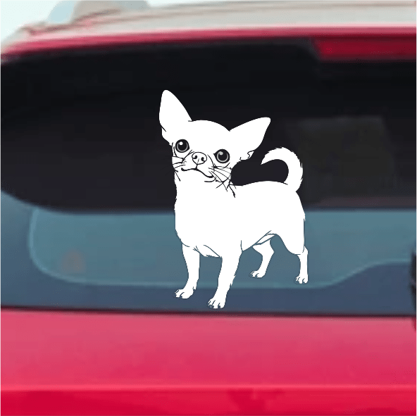 White chihuahua decal on a car's rear window
