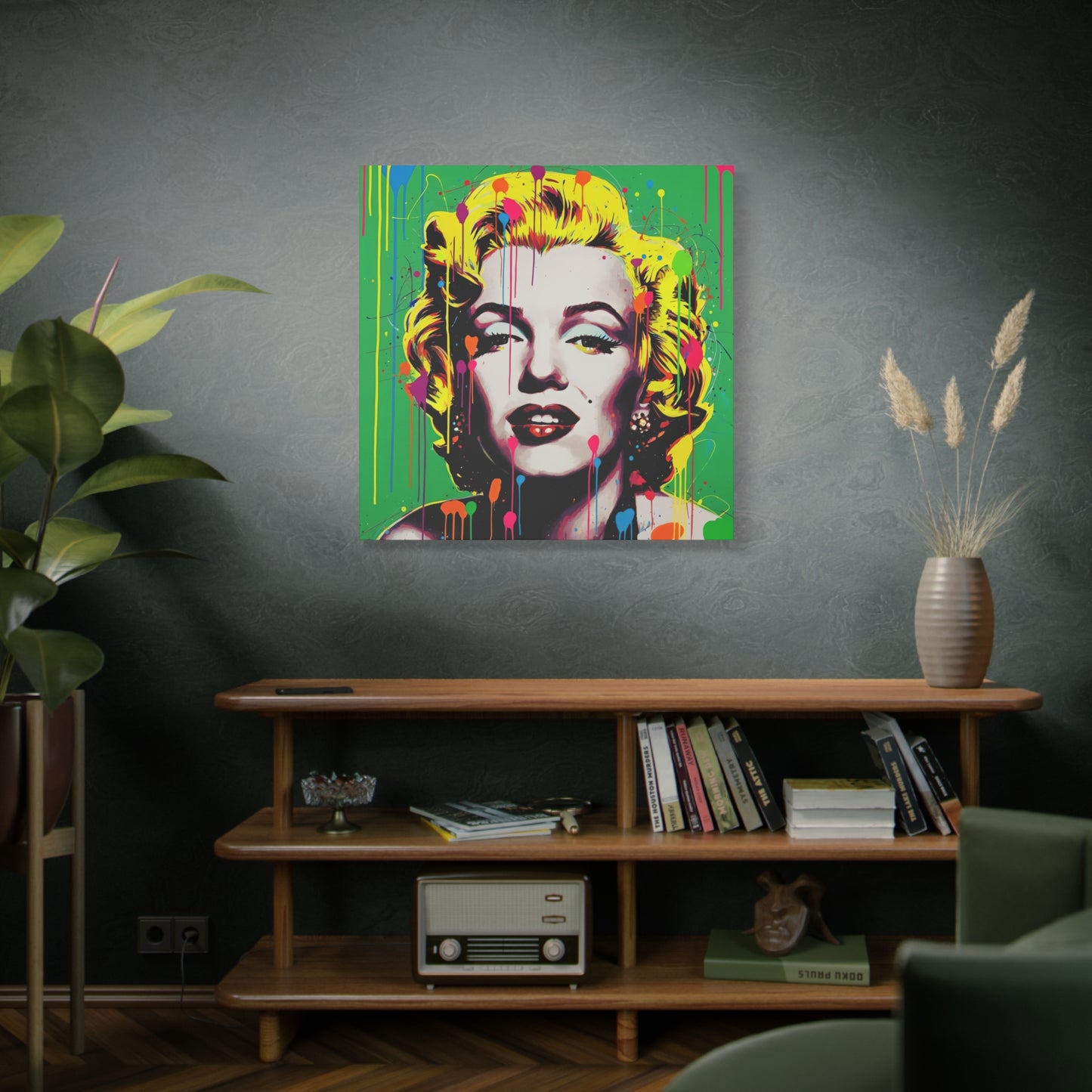 Colorful portrait of a famous actress on a wall in a living room.