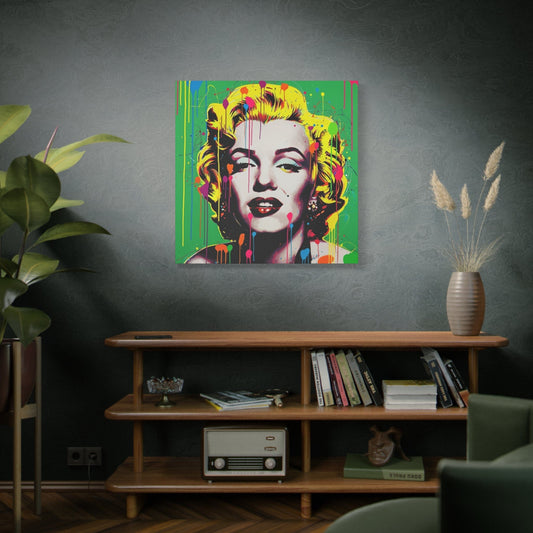 Colorful portrait of a famous actress on a wall in a living room.