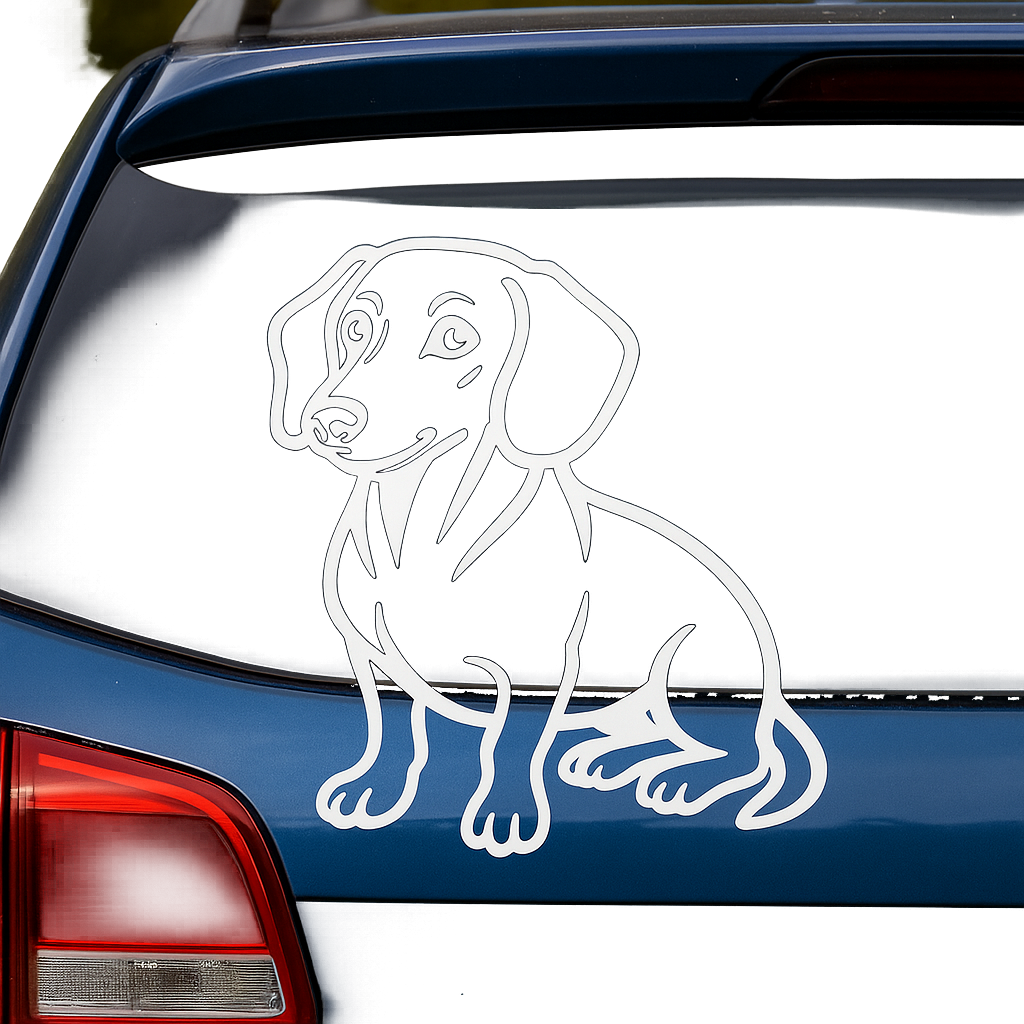A stylized decal of a Dachshund in profile, positioned on the rear windshield of a blue SUV.