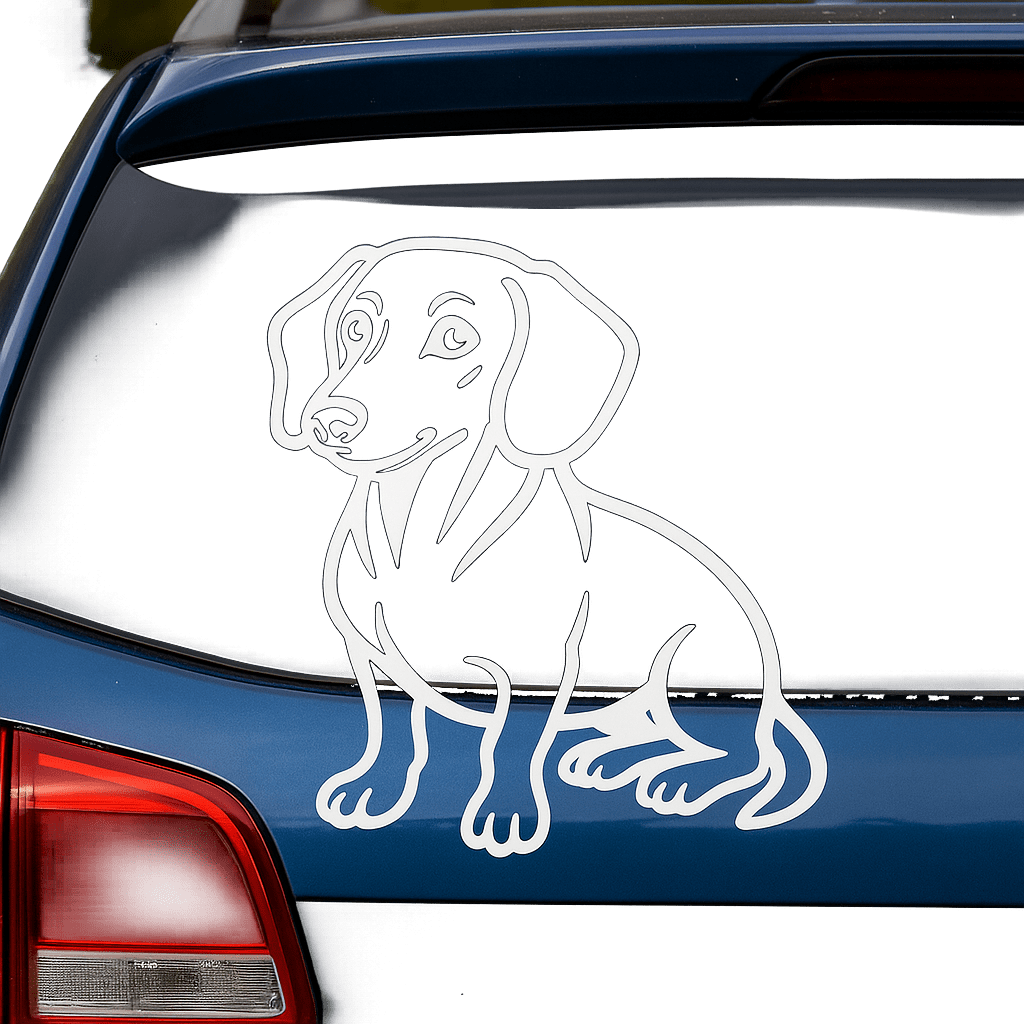 A stylized decal of a Dachshund in profile, positioned on the rear windshield of a blue SUV.