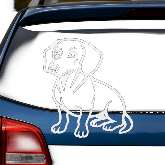 A stylized decal of a Dachshund in profile, positioned on the rear windshield of a blue SUV.