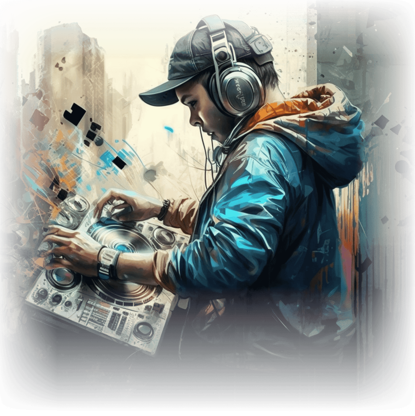 T-shirt featuring a graphic image of a DJ.